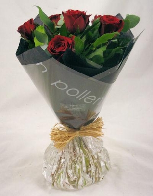 Six red rose hand tied bouquet