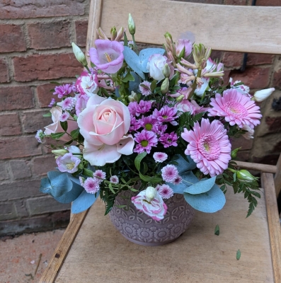 Pastel arrangement in pink floral ceramic