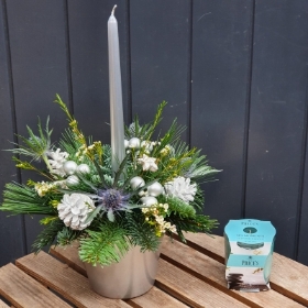 Silver sparkle arrangement with spa candle